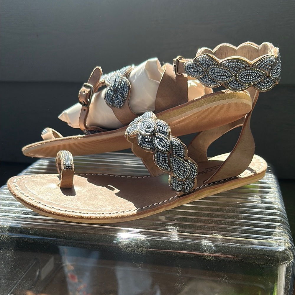 Tan and Silver Fringe Sandals with Open-Toe Design